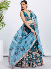 Load image into Gallery viewer, Teal Pure Georgette Sequins Thread Embroidery Lehenga Choli &amp; Dupatta