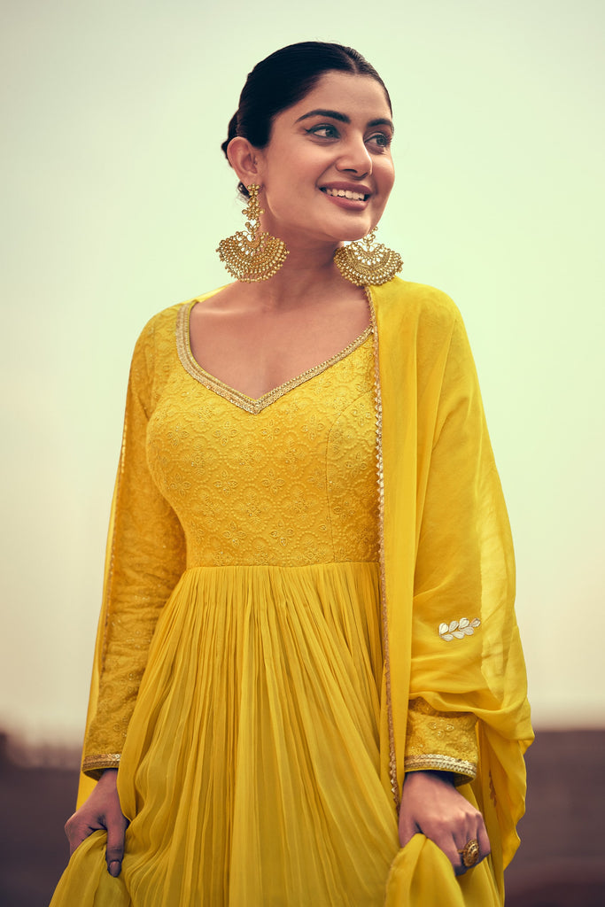 Yellow Embroidered Georgette Anarkali Suit - Diva D London LTD
