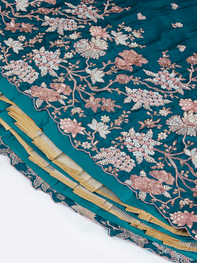 Teal Pure Georgette Sequins Thread Embroidery Lehenga Choli & Dupatta