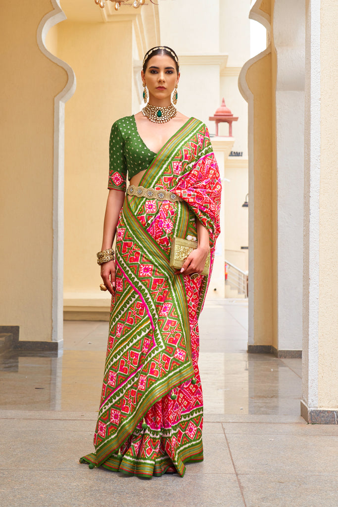 Rani Pink and Mehndi Green Designer Printed Patola Saree For Wedding