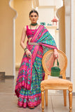 Sea Green and Pink Designer Printed Patola Saree For Wedding