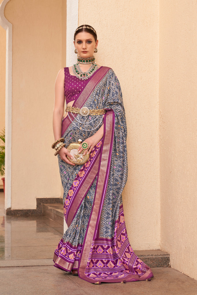Grey and Purple Designer Printed Patola Saree For Wedding