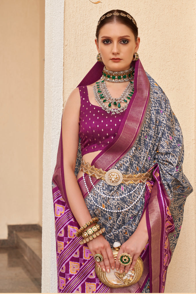 Grey and Purple Designer Printed Patola Saree For Wedding