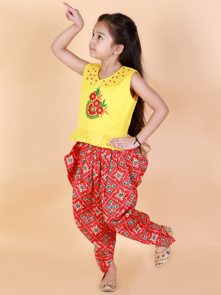 Girl’s Mirror Embroidered Work Top With Pattola Print Dhoti