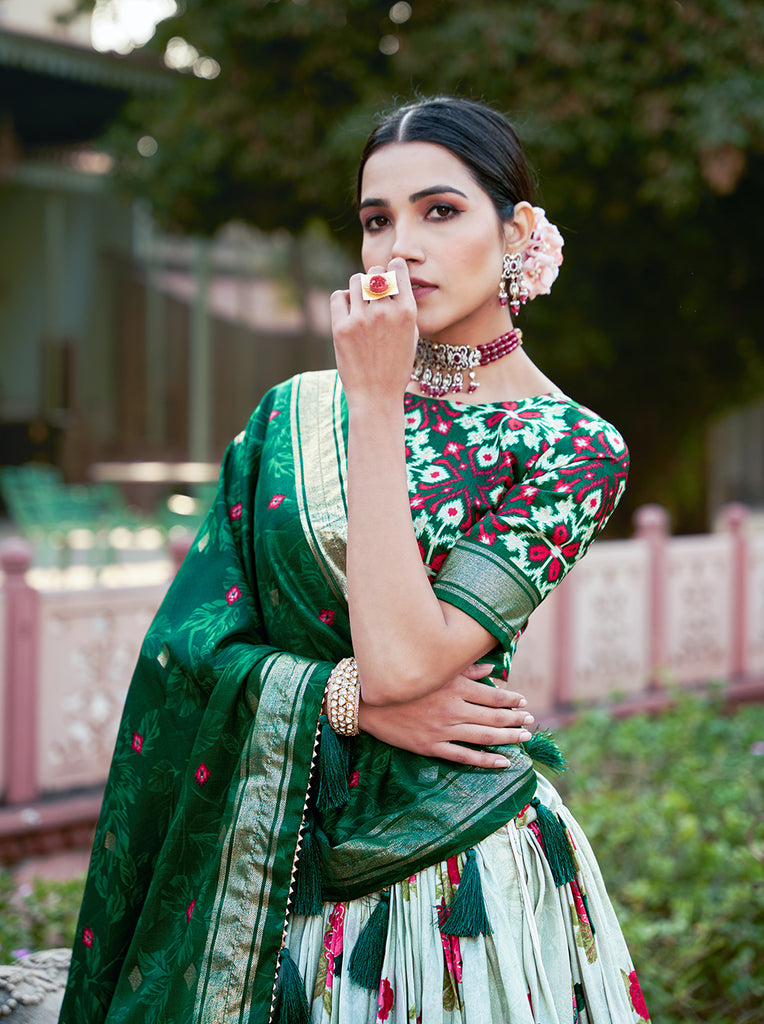 Green And White Floral Silk Lehenga Choli With Green Duppatta