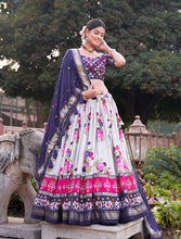 Load image into Gallery viewer, Navy And White Floral Silk Lehenga Choli With Dupatta