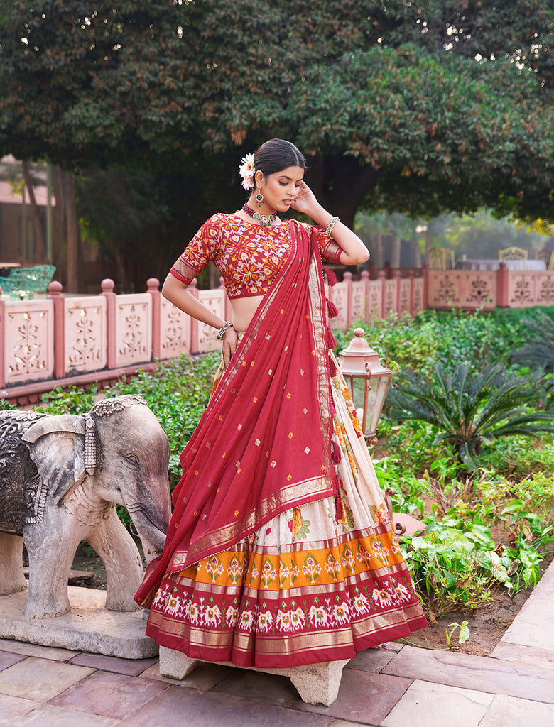 Red and White Floral Silk Lehenga Choli With Dupatta