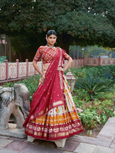Load image into Gallery viewer, Red and White Floral Silk Lehenga Choli With Dupatta