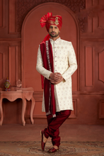 Load image into Gallery viewer, White &amp; Maroon Sequence Handwork Embroidery Sherwani