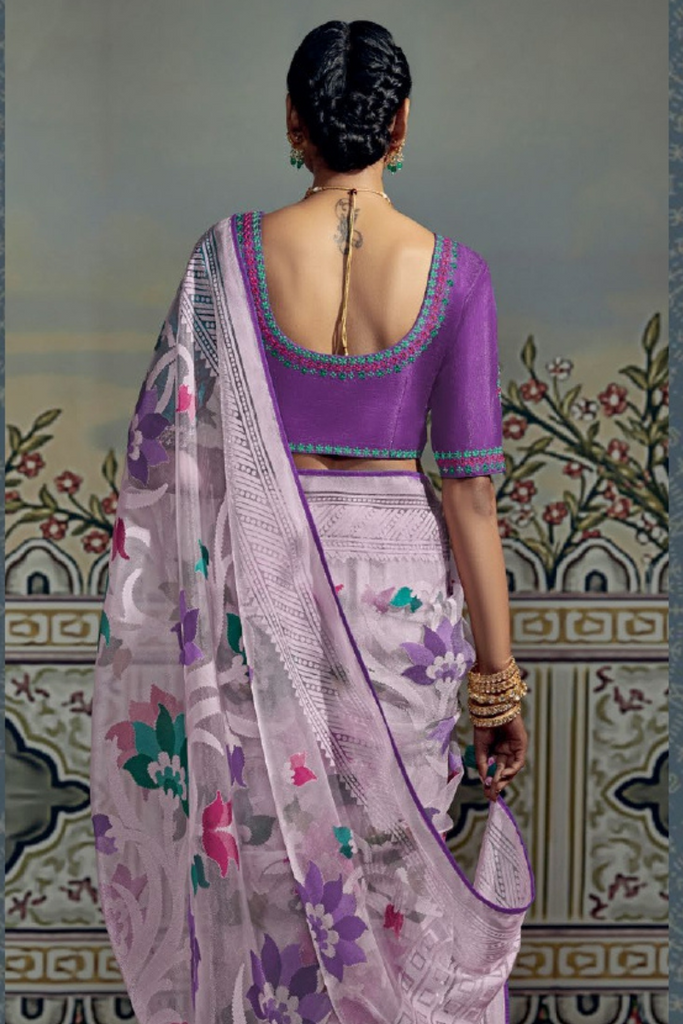 Lilac Printed Brasso Saree With Blouse