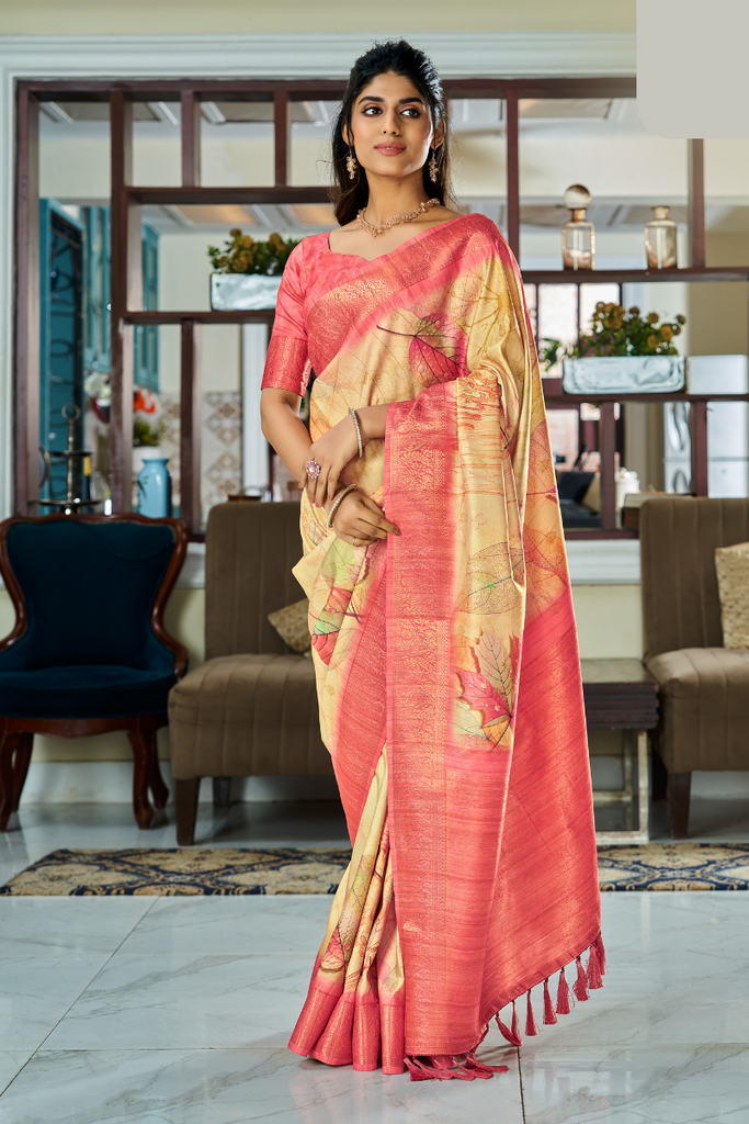Yellow Digital Printed Handloom Kotha Silk Saree With Contrast Blouse