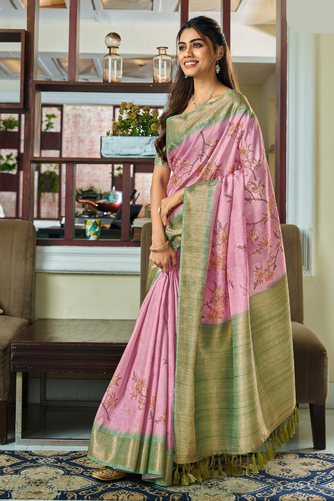 Pink Digital Printed Handloom Kotha Silk Saree With Contrast Blouse