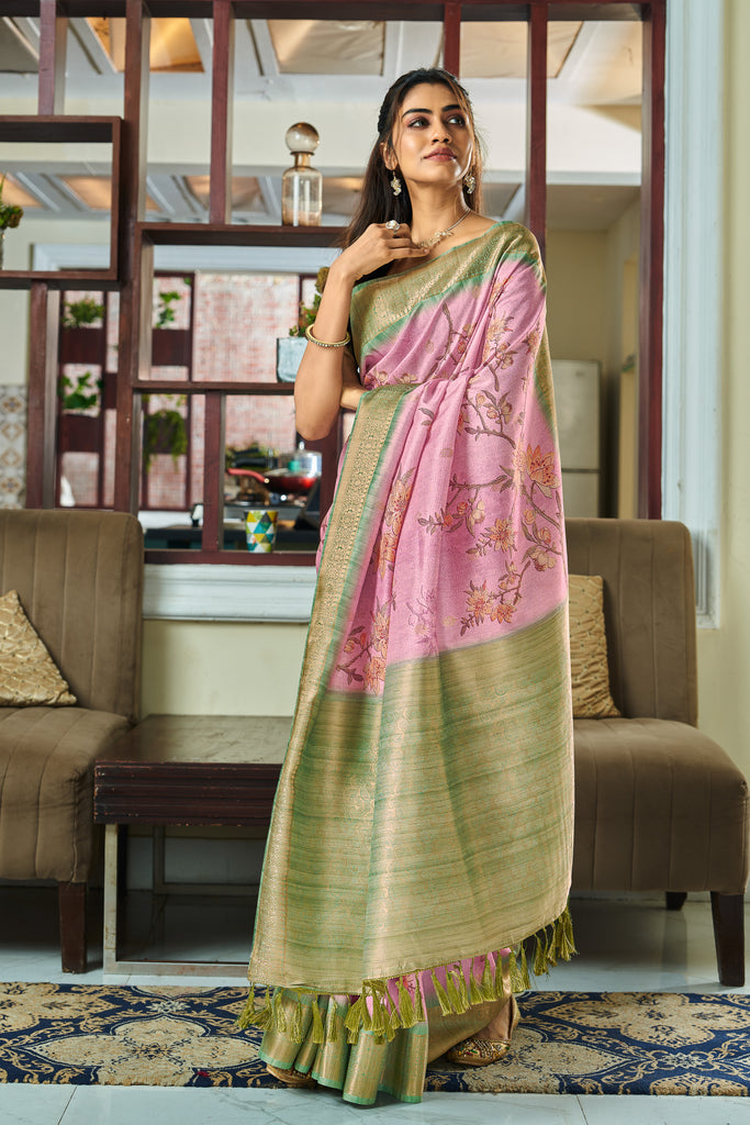 Pink Digital Printed Handloom Kotha Silk Saree With Contrast Blouse