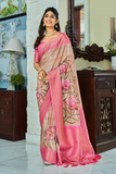 Beige & Pink Digital Printed Handloom Kotha Silk Saree With Contrast Blouse