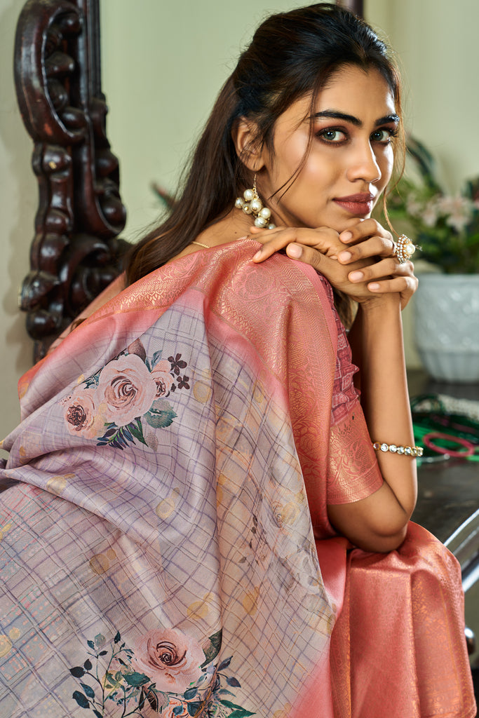 Enchanting Lavender Digital Printed Handloom Kotha Silk Saree With Contrast Blouse
