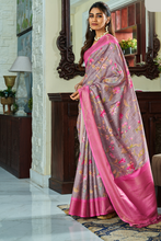 Load image into Gallery viewer, Grey Lavender Digital Printed Handloom Kotha Silk Saree With Contrast Blouse