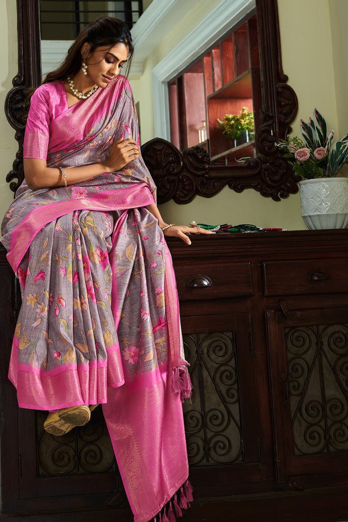 Grey Lavender Digital Printed Handloom Kotha Silk Saree With Contrast Blouse