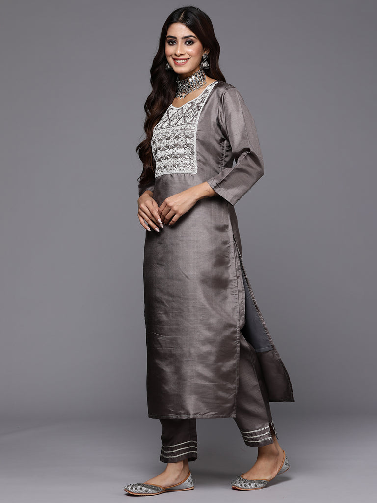 Indo Era Grey Embroidered Straight Kurta Trousers With Dupatta Set - Diva D London LTD