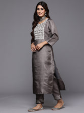Load image into Gallery viewer, Indo Era Grey Embroidered Straight Kurta Trousers With Dupatta Set - Diva D London LTD
