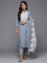 Load image into Gallery viewer, Indo Era Grey Embroidered Straight Kurta Trousers With Dupatta Set - Diva D London LTD