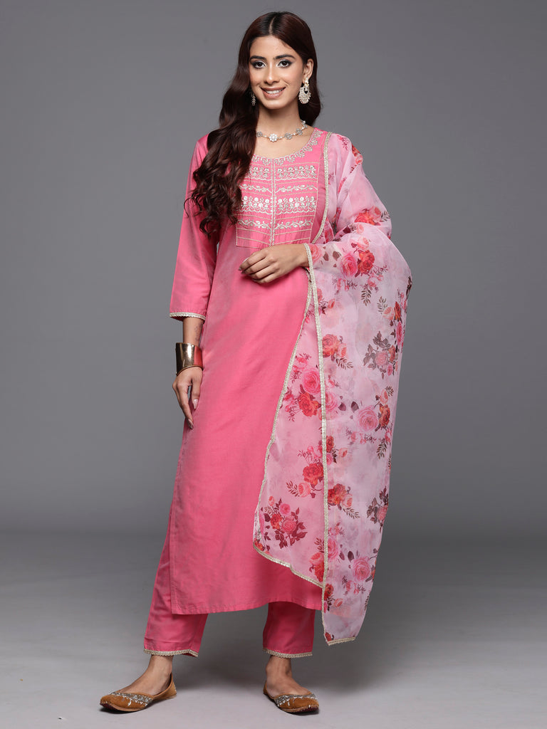 Indo Era Pink Embroidered Straight Kurta Trousers With Dupatta Set - Diva D London LTD