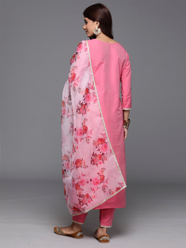 Indo Era Pink Embroidered Straight Kurta Trousers With Dupatta Set - Diva D London LTD