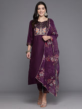 Load image into Gallery viewer, Indo Era Purple Yoke Design Straight Kurta Trousers With Dupatta set - Diva D London LTD