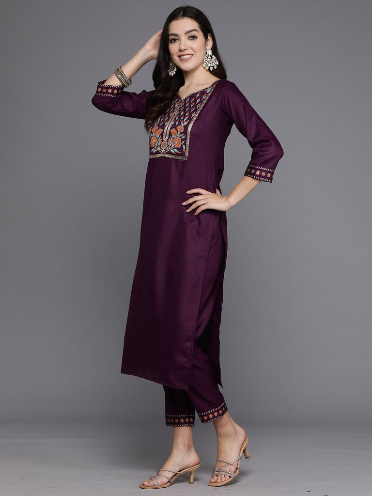 Indo Era Purple Yoke Design Straight Kurta Trousers With Dupatta set - Diva D London LTD