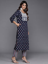 Load image into Gallery viewer, Indo Era Navy Blue Printed Straight Kurta Trousers With Dupatta Set - Diva D London LTD