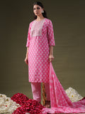 Indo Era Pink Printed Straight Kurta Trousers With Dupatta Set