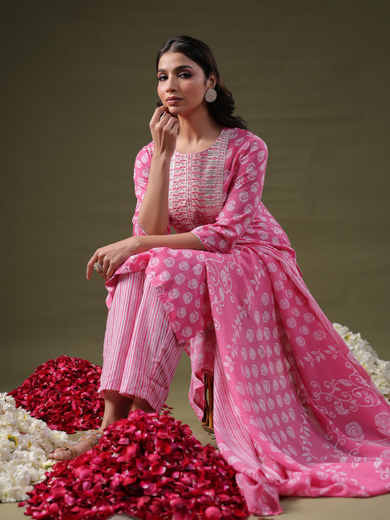 Indo Era Pink Printed Straight Kurta Trousers With Dupatta Set - Diva D London LTD