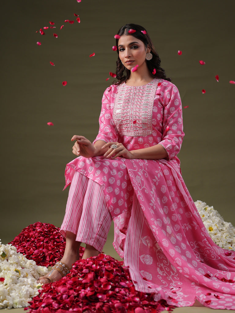 Indo Era Pink Printed Straight Kurta Trousers With Dupatta Set - Diva D London LTD
