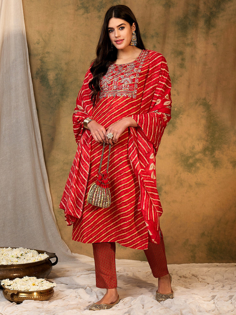Indo Era Red Printed Straight Kurta Trousers With Dupatta set - Diva D London LTD