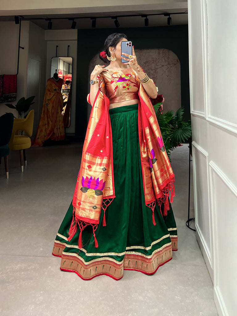 Green Paithani Silk Lehenga Choli With Red Duppatta