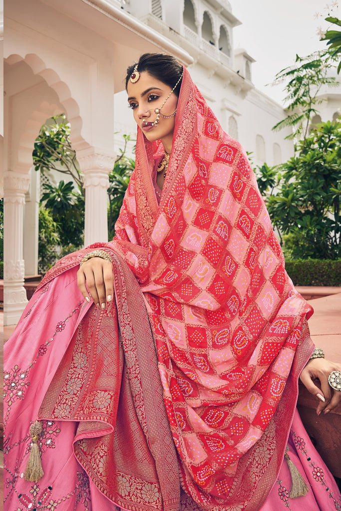 Pink Banarasi Silk Lehenga Choli With Resham Embroidery & Mirrors