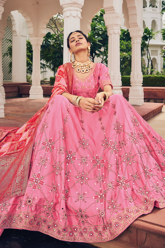 Pink Banarasi Silk Lehenga Choli With Resham Embroidery & Mirrors