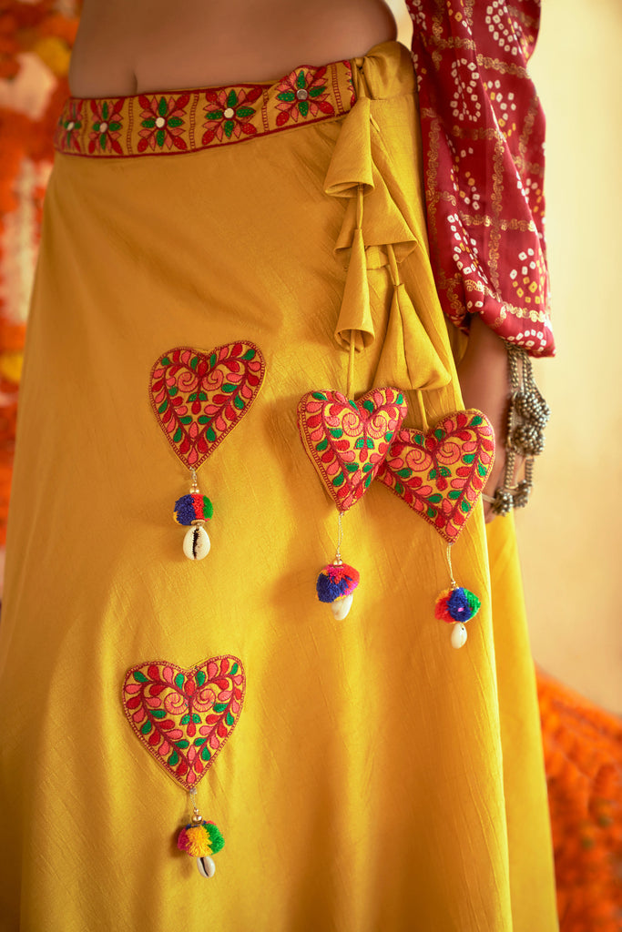 Yellow And Maroon Gaji Silk Chaniya Choli With Bandhni Crop Top