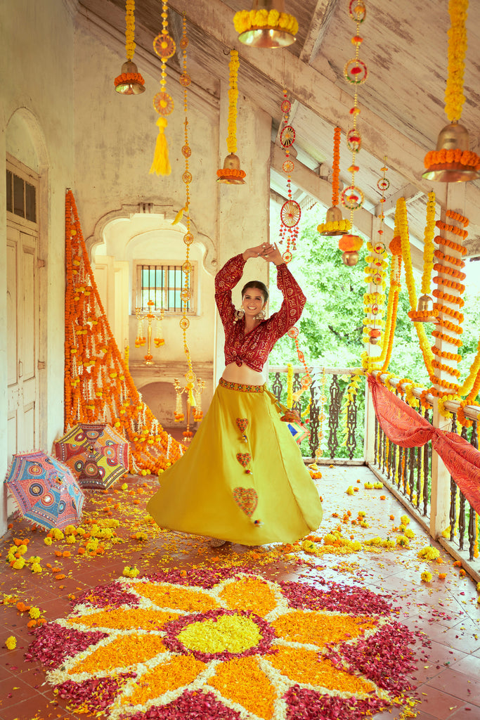 Yellow And Maroon Gaji Silk Chaniya Choli With Bandhni Crop Top