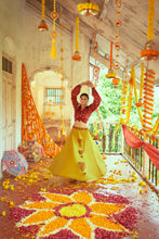 Load image into Gallery viewer, Yellow And Maroon Gaji Silk Chaniya Choli With Bandhni Crop Top