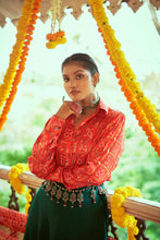 Load image into Gallery viewer, Red Gaji Silk Work Navratri Chaniya Choli With Bandhani Crop Top