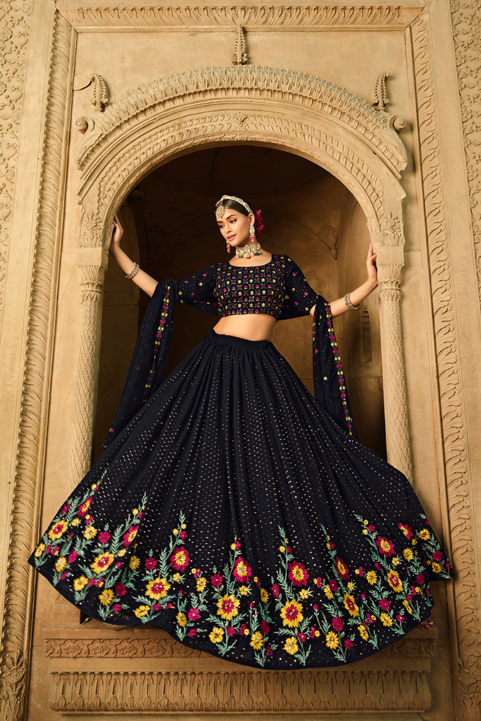 Navy Georgette Thread With Sequins Embroidered Lehenga Choli