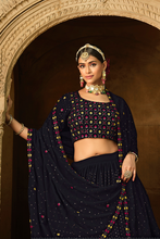 Load image into Gallery viewer, Navy Georgette Thread With Sequins Embroidered Lehenga Choli