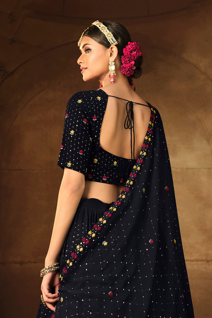 Navy Georgette Thread With Sequins Embroidered Lehenga Choli