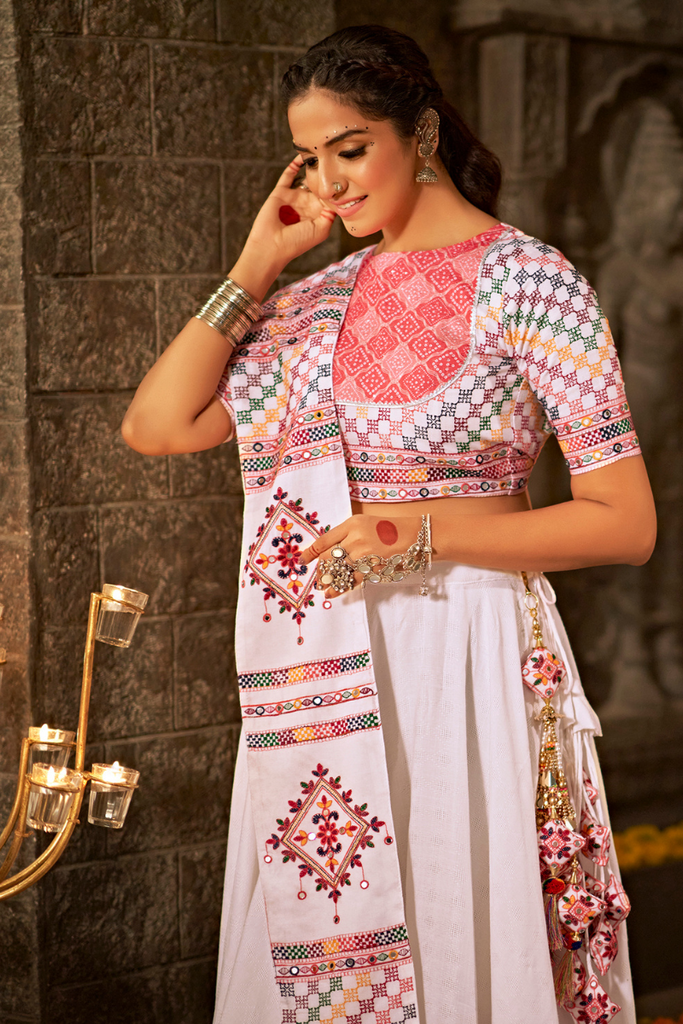 White Jacquard Cotton Embroiderd Traditional Chaniya Choli