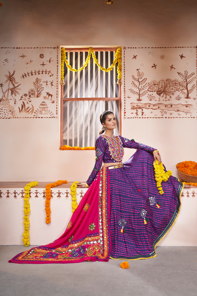 Blue And Purple Rayon Thread Embroidered With Mirror Work Stitched Choli.