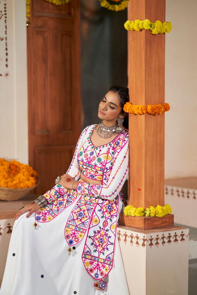 White Designer Navratri Chaniya Choli With Exclusive Kutchi Work