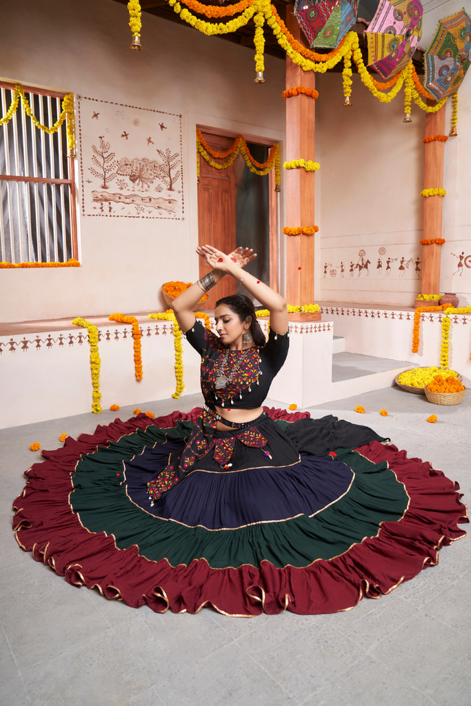 Black Viscose Rayon Thread Embroidered With Mirror Work Stitched Choli.
