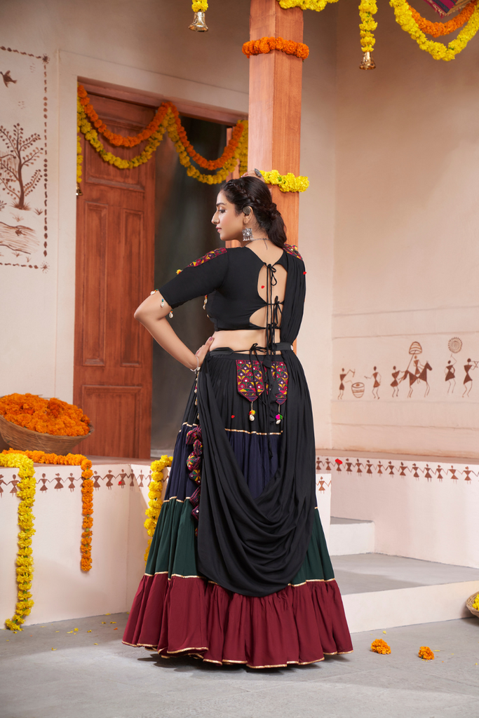 Black Viscose Rayon Thread Embroidered With Mirror Work Stitched Choli.