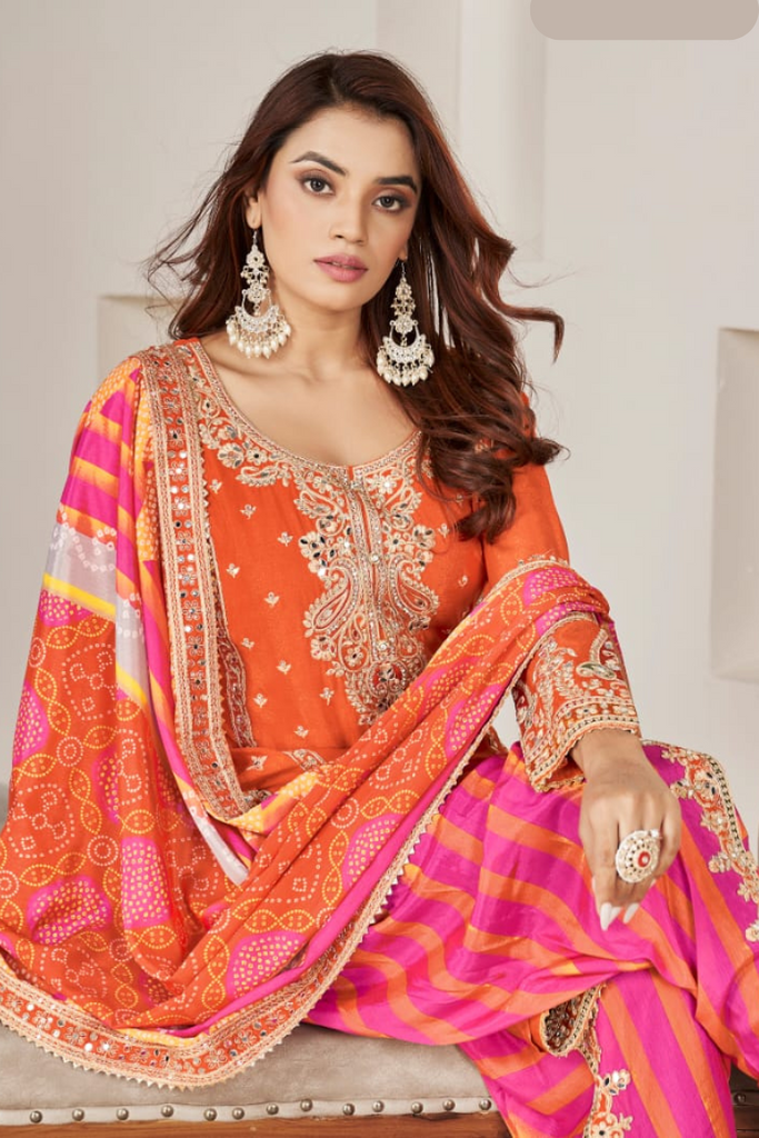 Orange With Pink Dhoti Suit With Heavy Handwork Embroidery