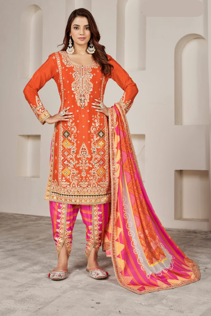 Orange With Pink Dhoti Suit With Heavy Handwork Embroidery
